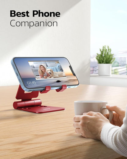 Nulaxy Dual Folding Cell Phone Stand, Fully Adjustable Foldable Desktop Phone Holder Cradle Dock Compatible with Phone 16 15 14 13 12 11 Pro Xs Xs Max Xr X 8, Nintendo Switch, All Phones - Red