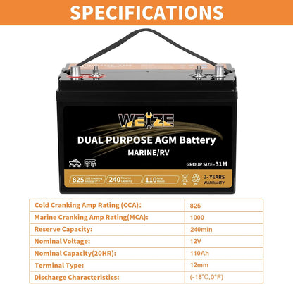 Weize BCI Group 31M Dual Purpose AGM Battery, 240RC 825CCA 12V 110AH Starter & Deep Cycle Sealed Marine & RV Battery