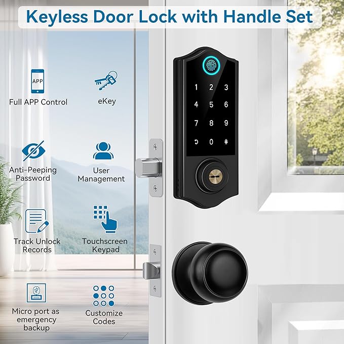 Harfo Fingerprint Smart Door Locks for Front Door with Handle Set, App Control, Keyless Entry Door Lock Keypad Deadbolt, Bluetooth Digital Electronic Touchscreen, Easy Install, Auto Lock, Black