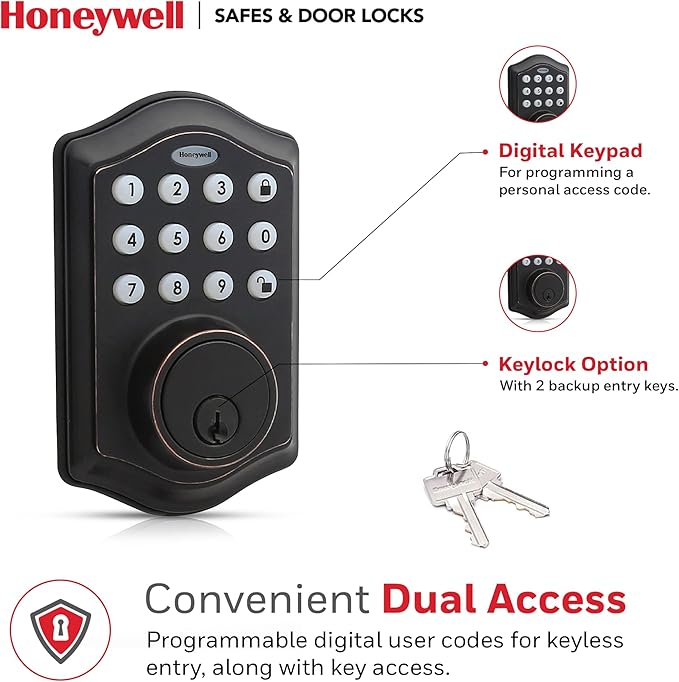 Honeywell Safes & Door Locks - Keyless Entry Door Lock with Smart Electronic Keypad Deadbolt - Easy Installation & 50 Different Pin Codes - Auto Lock - Oil Rubbed Bronze - 2.9 x 2 x 6.2 in - 8712409
