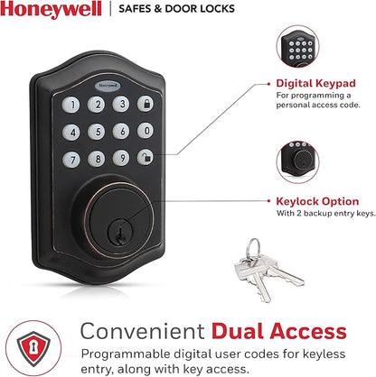 Honeywell Safes & Door Locks - Keyless Entry Door Lock with Smart Electronic Keypad Deadbolt - Easy Installation & 50 Different Pin Codes - Auto Lock - Oil Rubbed Bronze - 2.9 x 2 x 6.2 in - 8712409