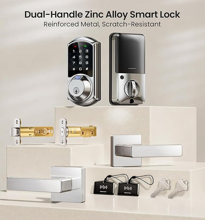 Veise VE07-L Fingerprint App Control Smart Locks with Heavy-Duty Zinc Alloy Handles, Keyless Entry for Front Door, Digital Electronic Touchscreen, Auto Lock, Waterproof, Easy Install, Satin Nickel