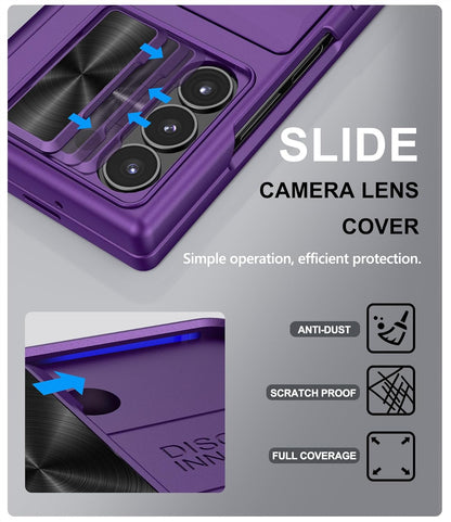 for Samsung Galaxy Z Fold 6 Case with Card Holder & Belt Clip & Slide Lens Cover, Built-in Hinge Protection & Screen Protector, Durable Wallet Phone Cover Case for Z Fold 6 5G 2024, Dark Purple