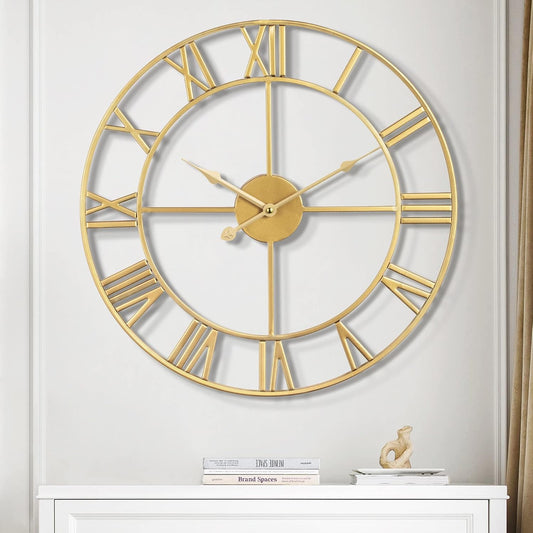 1st owned Large Wall Clock Silent Non-Ticking Roman Numerals Vintage Battery Operated (24 inch,18inch,16inch) Farmhouse Wall Clock for Living Room, Bedroom, Kitchen, Cafe Decor-Gold 47CM