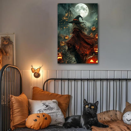 Dark and Moody Gothic Witch Poster Wall Art,Vintage Rustic Witch in Cloak with Castle Pumpkin Road Dark Gothic Poster,Goth Spooky Season Halloween Prints for Fantasy Office,16"x24" Framed