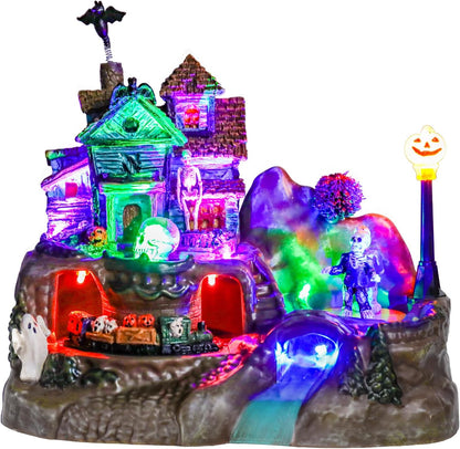 DREAM GARDEN Halloween Village Collection, Lighted Spooky Haunted House with Animated Train and Scary Sound Halloween Collectible Bulidings with Skull, Pumpkin, Ghost for Holiday Party Tabletop Decor