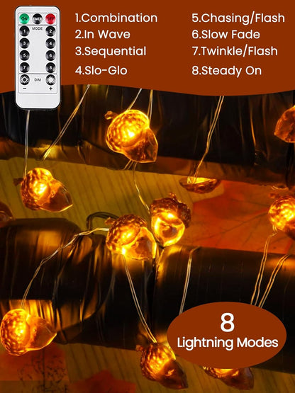 2 Pack 60LED Fall Decoration Acorn String Light Battery Operated, 20FT Fall Lights with Remote, Waterproof 8 Modes Fairy Lights for Autumn Harvest Thanksgiving Halloween Decor