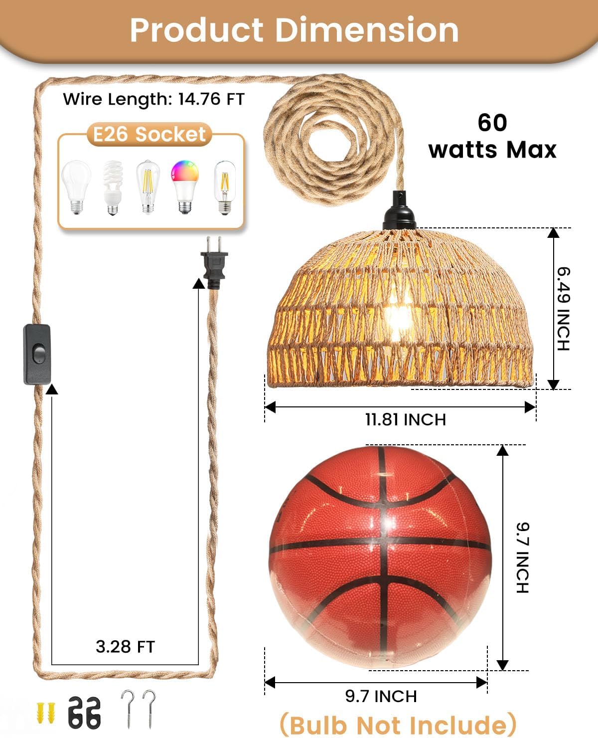 Rattan Hanging Lamp,Boho Pendant Lights,Plug in Cord Hanging Rattan Light,Plug Into Wall Outlet Pendant Light Fixture On/Off Switch for Living,Dinner Room,Bedroom,Kitchen,for E26,without Bulb
