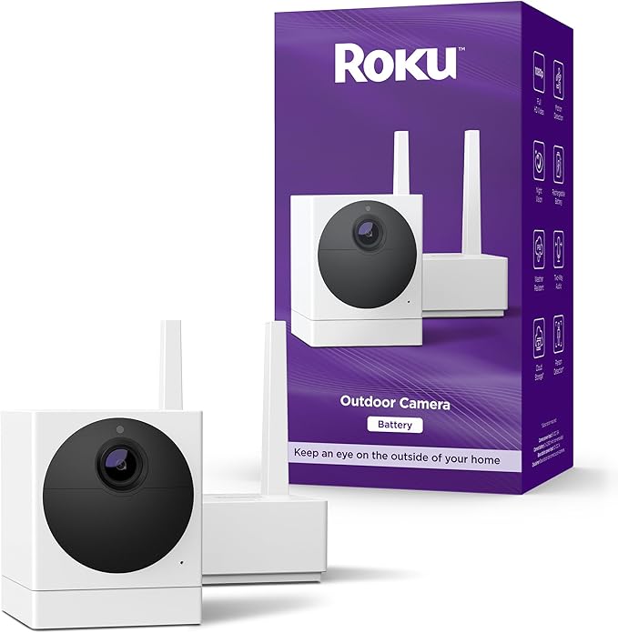 Roku Outdoor Camera for Home Security - IP65 Weather Resistance Wireless Security Camera with 1080p HD Night Vision, Compatible with Alexa & Google, Motion Detection White (Renewed)