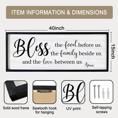 Bless the Food Before Us, the Family Beside Us, and the Love between us Framed Wall Art for Dining Room, 40''×15'' Holy Positive Religious Rustic Bible Verse for Christian God Jesus Christ Prayer