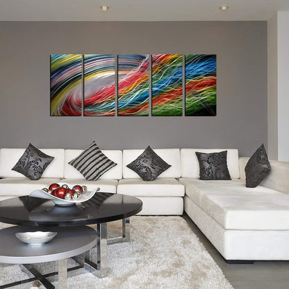 Panel Metal Wall Art with Colorful Wave Lines Design, Abstract Modern and Contemporary Décor, Unique Metal Wall Sculpture, Silver Aluminum Artwork, Indoor and Outdoor decoration, 5 panels 64"x24"