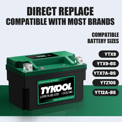 YTX7A-BS-STD 12.8V 3AH 180CCA LiFePO4 Lithium Motorcycle Battery fit for ATV,UTV, Riding Lawn Mower，Snowmobile，Scooter, Personal watercraft, Jet Ski, 4 Wheeler and more.