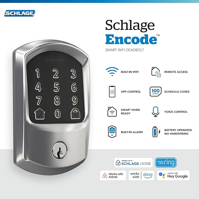 Schlage Encode Smart WiFi Deadbolt Lock for Front Door - Keyless Entry with App or Touchscreen - Works with Alexa, Hey Google, & Airbnb - Create Codes for Guests - Bright Chrome