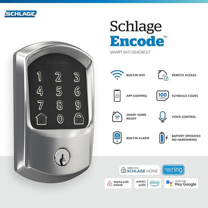 Schlage Encode Smart WiFi Deadbolt Lock for Front Door - Keyless Entry with App or Touchscreen - Works with Alexa, Hey Google, & Airbnb - Create Codes for Guests - Bright Chrome