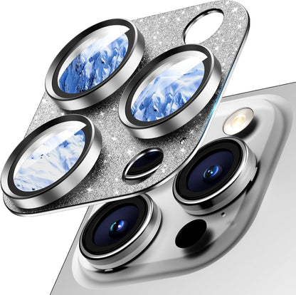 Camera Lens Protector for iPhone 16 Pro Max/16 Pro/15 Pro Max/15 Pro/14 Pro Max/14 Pro, Aluminum Alloy Sapphire Glass Camera Screen Cover, Case Friendly- Glitter White