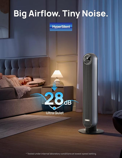 DREO Tower Fan for Bedroom, 25ft/s Velocity Quiet Floor Fan, 90° Oscillating Fans for Indoors with 4 Speeds, 4 Modes, 8H Timer, Bladeless Fan, Standing Fans, Silver, Nomad One (DR-HTF007)