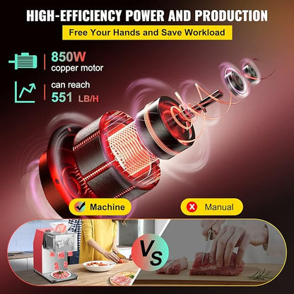 VEVOR Commercial Meat Cutting Machine, 551 Lbs/H 850W Meat Shredding Machine, 3.5mm Blade Electric Meat Cutter, Stainless Steel Restaurant Food Cutter, for Kitchen Supermarket Lamb Beef Chicken, Red