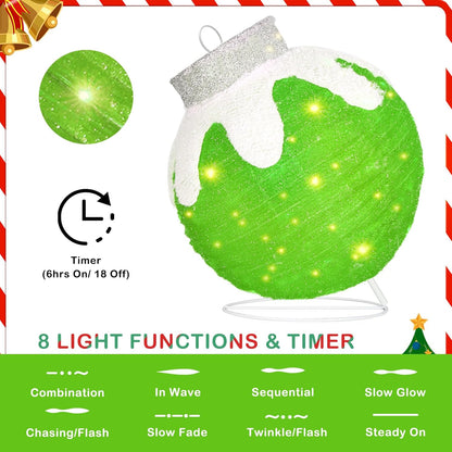 BRIGHTDECK Outdoor Christmas Ball Decoration, 80 LED Lights, 8 Light Modes, Pop-Up Collapsible Holiday Ornament (Green)
