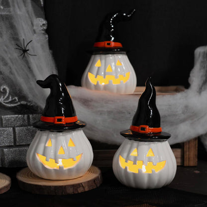 NEROSUN 3 Pack Halloween Light Up Pumpkin Decorations, Ceramic Battery Operated Lighted Jack O Lantern Figurines, Spooky Halloween Ornaments for Indoor Home Fireplace Tabletop Centerpieces
