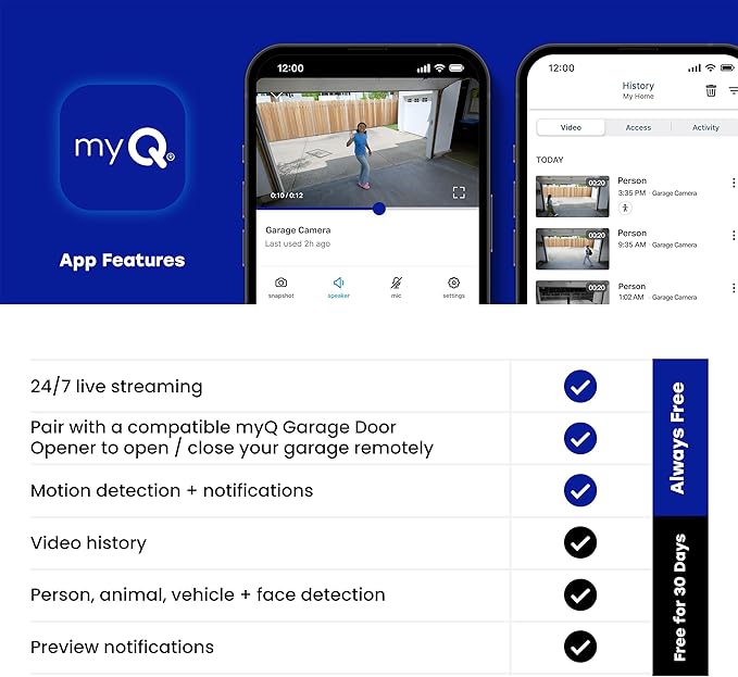 myQ Garage Plug-in Camera Gen 2 – 2K Smart Wi-Fi Garage Camera with Night Vision, Wide-Angle Lens, 2-Way Audio, Magnetic Base & Motion Alerts, App Control – Compatible with Your Garage Door Opener