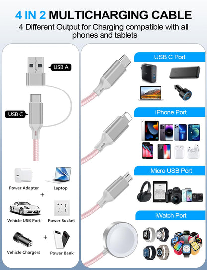 4-in-2 Charging Cable for Apple Watch Charger/Samsung/iPhone Charger,Car/Office/Camping/Travel Essentials,Type C Cable Multi Cord for iWatch Ultra/10-2/iPhone 16-11/Samsung S25-S20,iPad,airPods-Pink