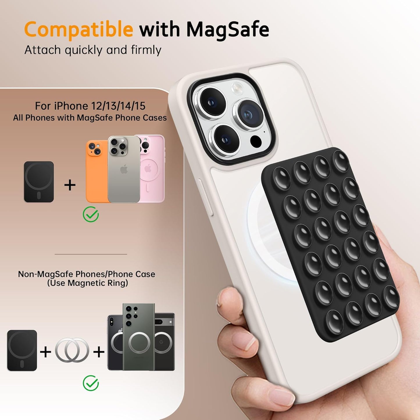 GONEZ Magnetic Suction Cup Phone Mount for MagSafe Case, Removable Silicone Sticky Grip for iPhone 12/13/14/15/16, Hands-Free Selfies and Videos for TikTok & Instagram Influencer/Creator, Black
