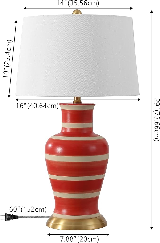 JONATHAN Y 29" Red/Beige Traditional Ceramic Urn LED Table Lamp for Bedroom Decor, White Linen Drum Shade, Classic Nightstand Lamp for Living Room, LED Bulb Included (JYL4026K)