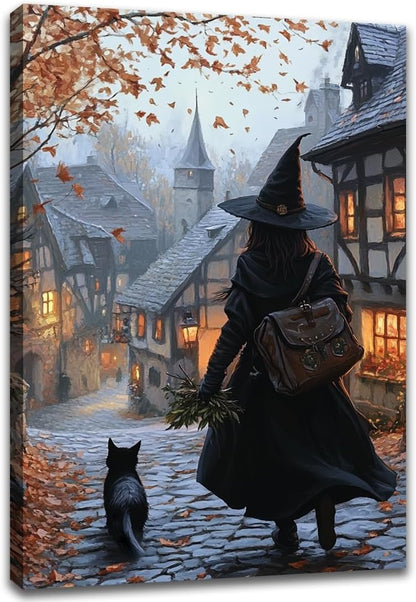 Autumn Witch And Black Cat Picture Wall Decor,Halloween Canvas Vintage Rustic Wall Art,Preppy Bedroom Living Room Bathroom Poster Print,12"x18" Framed