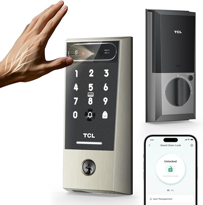 TCL Smart Lock D2 Pro with Palm Vein Recognition, Keyless Entry Door Lock for Front Door, Wi-Fi Keypad Deadbolt, App Remote Control, Auto Lock, Rechargeable Battery, Works with Alexa & Google