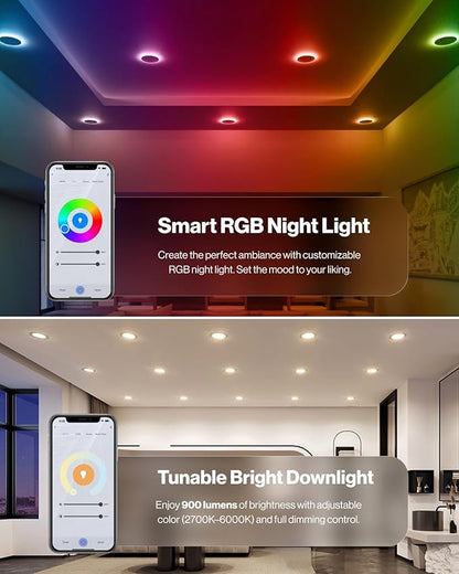 Sunco 4 Inch 6 Pack Smart Ultra Thin LED Recessed Ceiling Lights with Night Light, Tunable CCT 2700K to 5000K, Dimmable, 11W, Smooth Trim, Canless with Junction Box.