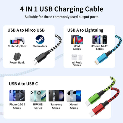 Travel Essentials Dual Type-C 4 in 1 Charging Cable 2 Pack 5FT Multi Charging Cables for All Devices,Universal USB Cable Adapter 2 USB-C/IP/Micro Port for Cell Phones Tablets Samsung Galaxy PS & More