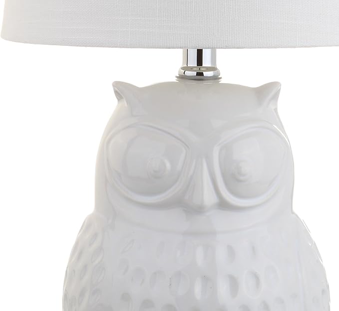 JONATHAN Y 20.5" White Ceramic Owl Table Lamp, Whimsical Cottage Bedside Nightstand Light for Living Room Nursery, White Linen Drum Shade, UL Listed, LED Bulb Included JYL1026A