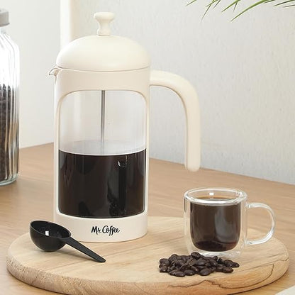 Mr. Coffee Retro Brew French Press Coffee Maker, 31-Ounce Glass Carafe with High Heat Resistant Durable Borasilicate Glass & Cream Frame and Plunger, Includes Coffee Scoop