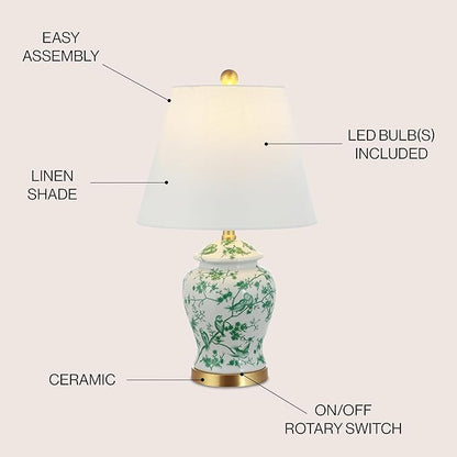 JONATHAN Y 22" White/Green Ceramic Table Lamp, French Country Chinoiserie Ginger Jar LED Bedside Lamp for Living Room Bedroom, White Linen Shade (JYL3005B)