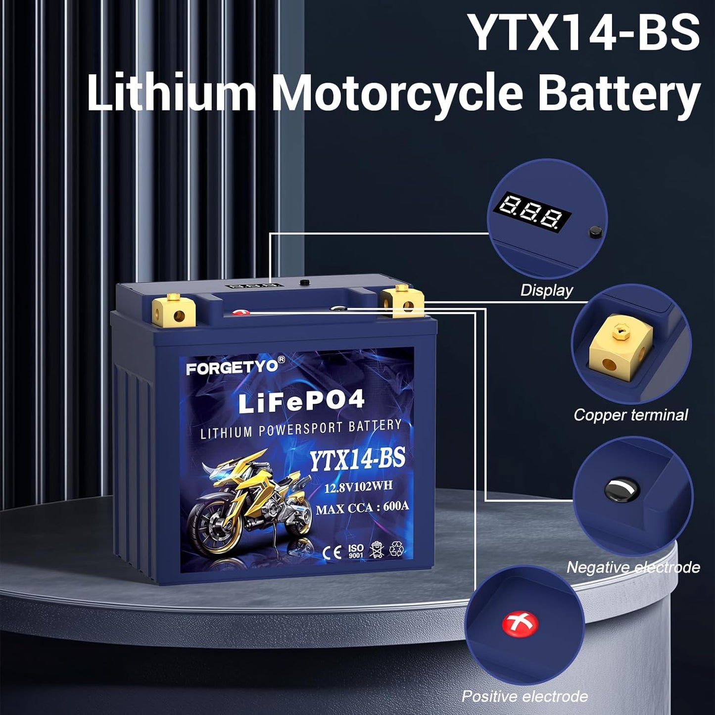 YTX14-BS Lithium Motorcycle Battery, ATV Battery 12V 8AH 600CCA Compatible with Yamaha Scooter Snowmobile Jet Ski, Scooter, PWC & More