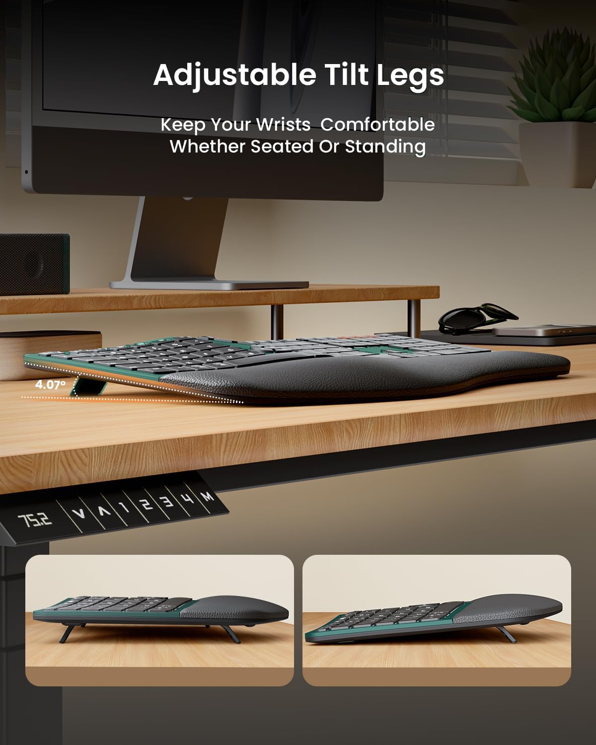 ProtoArc Ergonomic Wireless Keyboard Mouse, EKM01 Plus Full Size Ergo Bluetooth Keyboard Mouse Combo, Split Design, Wrist Rest, Multi-Device, Rechargeable, for Windows/Mac OS - Green