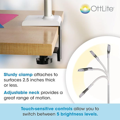 OttLite LED Desk Lamp with Sturdy Clamp - Extra Wide Lighting, Dimmable with 5 Brightness Settings & Energy Efficient Natural Daylight LEDs for Home Office, Computer Desk, Dorms & Workbench