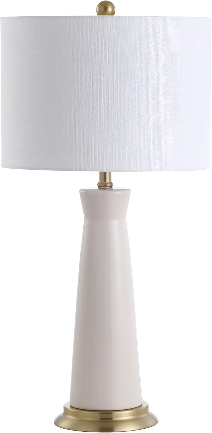 JONATHAN Y 29" Cream Modern Ceramic Column Table Lamp with Brass Gold Base, Elegant Bedside Lamp for Living Room Bedroom Nightstand, White Linen Shade, LED Bulb Included JYL3046A