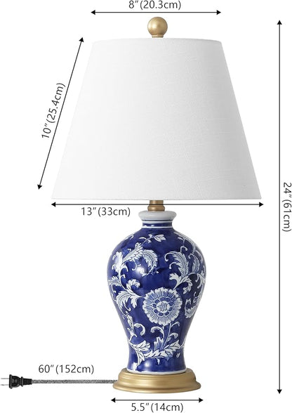 JONATHAN Y 24" Navy/White French Country Ceramic Floral Urn Table Lamp, White Linen Shade, Chinoiserie Ginger Jar Bedside Lamp for Living Room Bedroom, LED Bulb (JYL3009E)