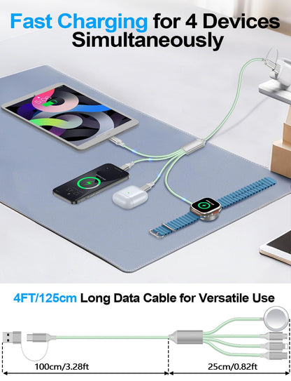 4-in-2 Charging Cable for Apple Watch Charger/Samsung/iPhone Charger,Car/Office/Camping/Travel Essentials,Type C Cable Multi Cord for iWatch Ultra/10-2/iPhone 16-11/Samsung S25-S20,iPad,airPods-Green