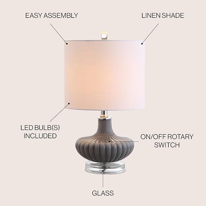 JONATHAN Y 18" Gray Fluted Glass and Lucite Table Lamp, Contemporary Teardrop Bedside Lamp with White Linen Drum Shade for Nightstand, Console Table, LED Bulb Included JYL1032A