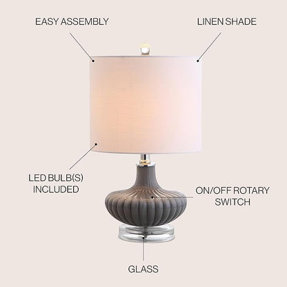 JONATHAN Y 18" Gray Fluted Glass and Lucite Table Lamp, Contemporary Teardrop Bedside Lamp with White Linen Drum Shade for Nightstand, Console Table, LED Bulb Included JYL1032A
