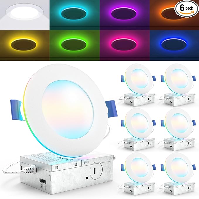Sunco 4 Inch 6 Pack Smart Ultra Thin LED Recessed Ceiling Lights with Night Light, Tunable CCT 2700K to 5000K, Dimmable, 11W, Smooth Trim, Canless with Junction Box.