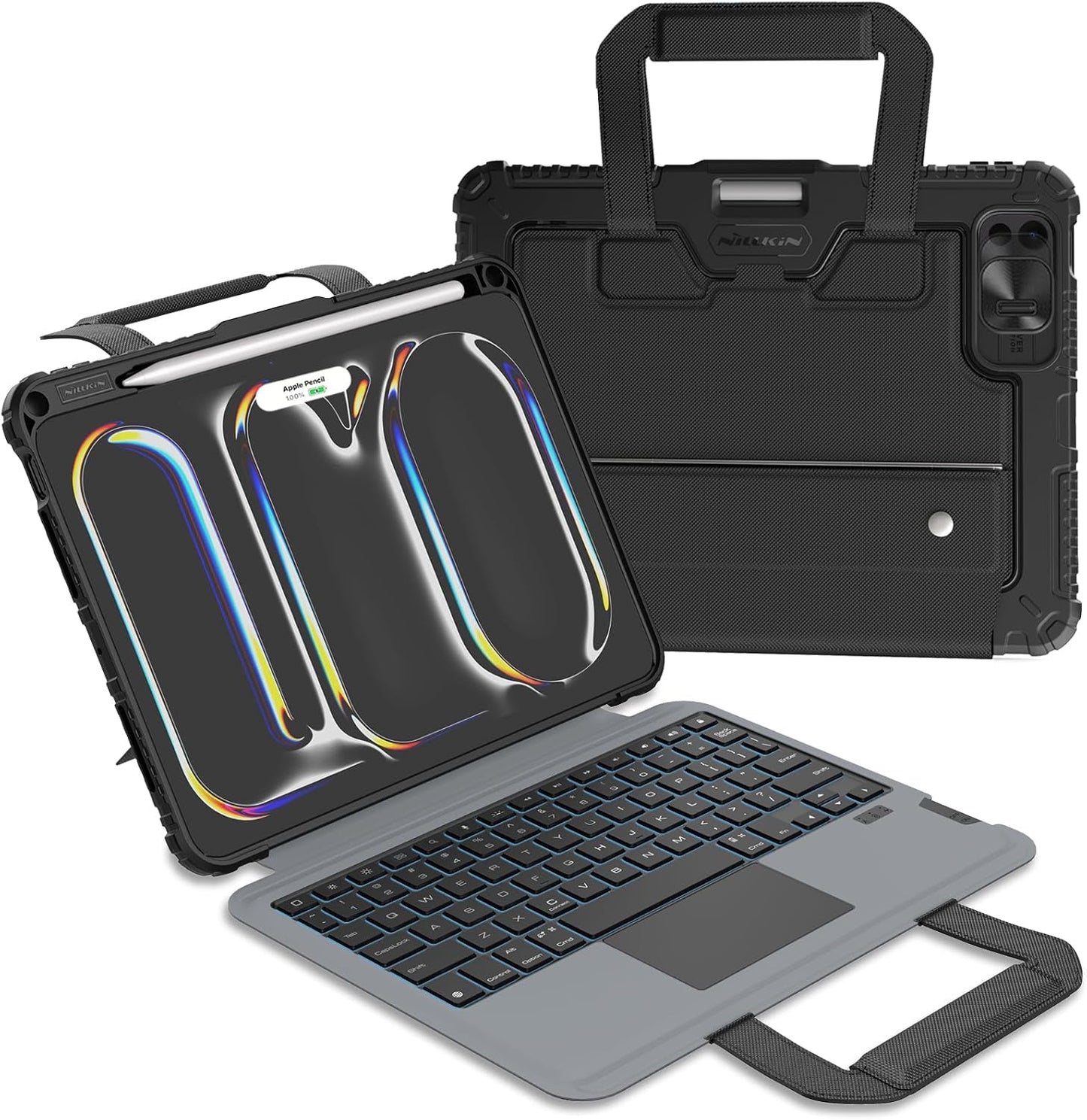 Nillkin Carry Go Keyboard Case for iPad Pro 11 inch (M4) 2024 with Handle, Rugged Case with Detachable Keyboard for iPad Pro 11, Magic Trackpad, 7 Colors Backlit, Camera Cover, Black
