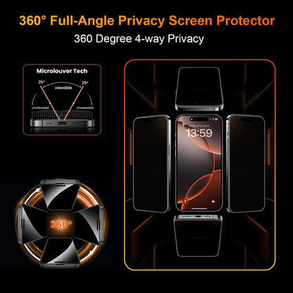OneFish 2 Pack Privacy Screen Protector for iPhone 15 Pro - 4-Way 360° Anti-Spy Tempered Glass, 9H Hardness, 3D Curved Edges, Case-Friendly & Easy Installation
