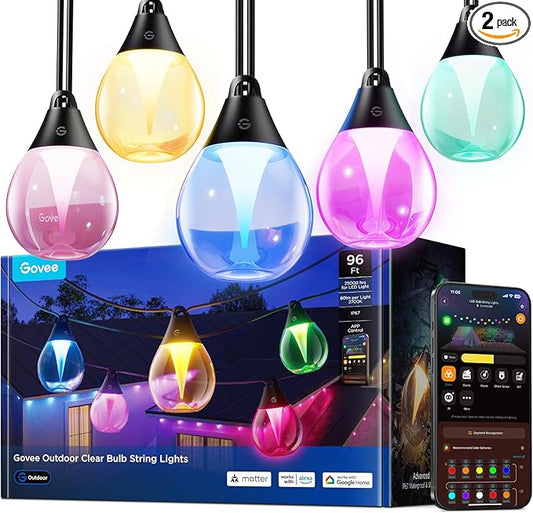 Govee Outdoor Clear Bulb String Lights, 96ft RGBWIC Outdoor String Lights with 30 Dimmable Warm White LED Bulbs, 111 Scene Modes for Patio, Backyard, IP67 Waterproof, Works with Alexa, Google & Matter
