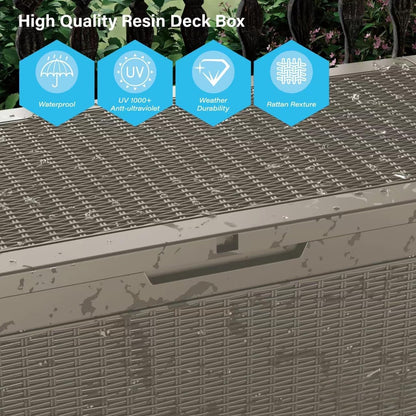 100 Gallon Double-Wall Resin Deck Box - Lockable Waterproof Outdoor Storage Box, 1000lbs Capacity & Doubles as Seating for Patio Furniture - Garden Tools, Pool Accessories (Brown)