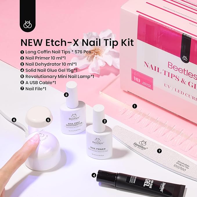 Beetles Gel Nail Kit Long Coffin, with Dehydrator and Primer, 576Pcs Half Matte Etch-X Gel Nail Tips Solid Nail Glue Mini Lamp Acrylic Tips Easy DIY Extension Set Gift for Women