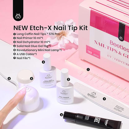 Beetles Gel Nail Kit Long Coffin, with Dehydrator and Primer, 576Pcs Half Matte Etch-X Gel Nail Tips Solid Nail Glue Mini Lamp Acrylic Tips Easy DIY Extension Set Gift for Women