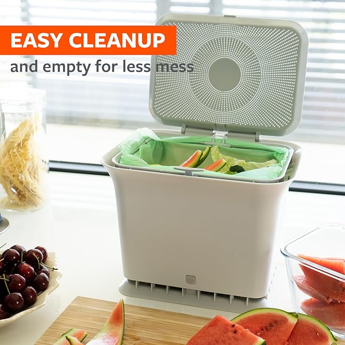 Full Circle Fresh Air Kitchen Compost Bin – Odor-Reducing Countertop Compost Container with Patented Airflow Design, Includes Compostable Bags, Easy to Clean, 1.5 Gallon, Gray